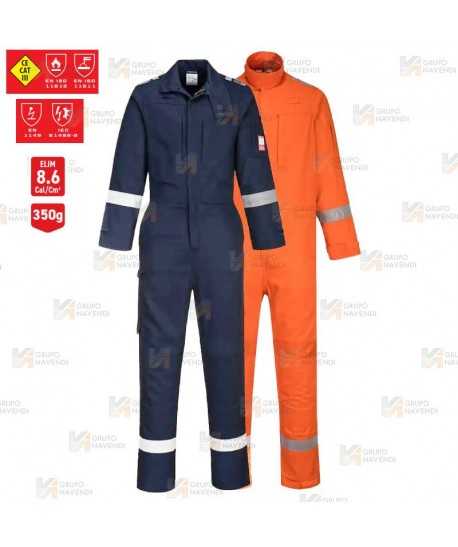 Buzo grueso, ignífugo, antiestático, elástico y anti arco color naranja con cintas reflectantes