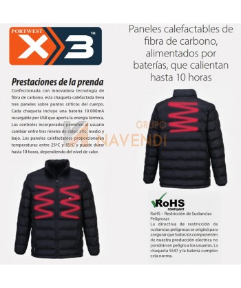 Chaleco calefactado tipo plumas resistente al agua