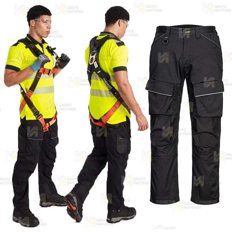 Pantalón con refuerzos, elástico especial para uso con arnés color negro