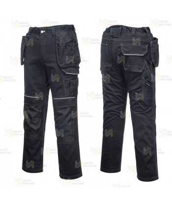 Pantalón elástico, muy resistente con bolsillos desmontables, color gris y negro
