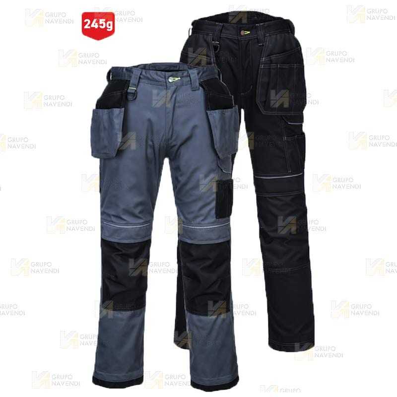 Pantalón elástico, muy resistente con bolsillos desmontables, color gris y negro
