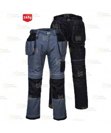 Pantalón elástico, muy resistente con bolsillos desmontables, color gris y negro