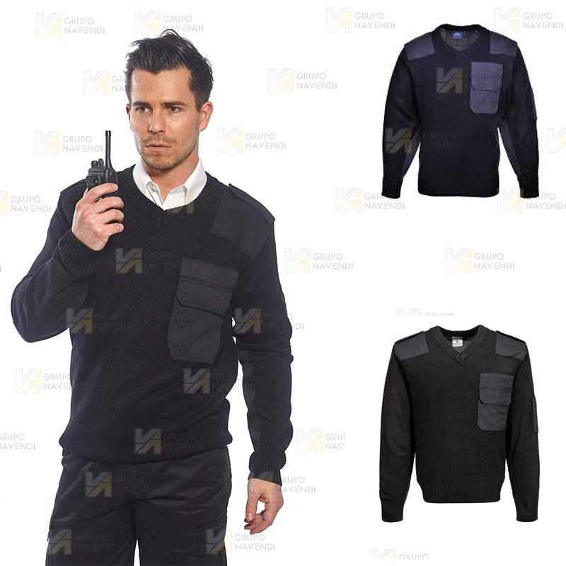 Jersey de punto de cuello pico con refuerzos y galoneras color azul marino