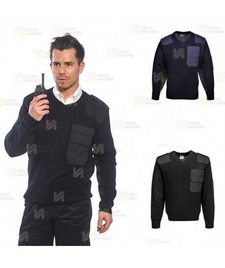Jersey de punto de cuello pico con refuerzos y galoneras color azul marino