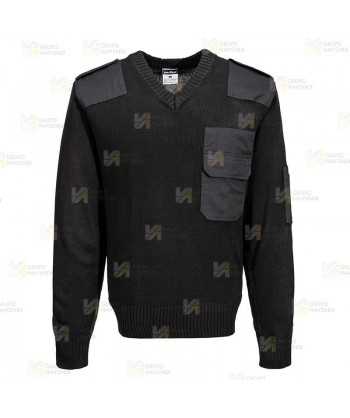 Jersey de punto de cuello pico con refuerzos y galoneras color negro
