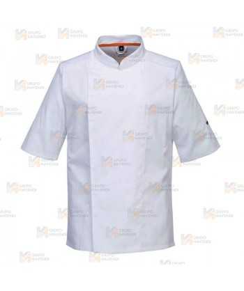 Chaqueta de cocina elástica y altamente transpirable de manga corta color blanco