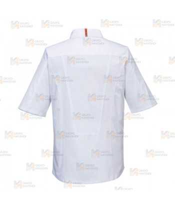 Chaqueta de cocina elástica y altamente transpirable de manga corta color blanco