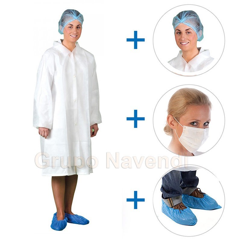Kit de visitas de polipropileno con bata, gorro, mascarilla y calzas