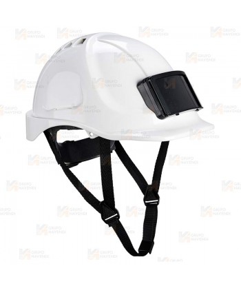 Casco de protección con identificador y barbuquejo de 4 puntos color blanco