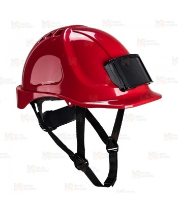 Casco de protección con identificador y barbuquejo de 4 puntos color rojo