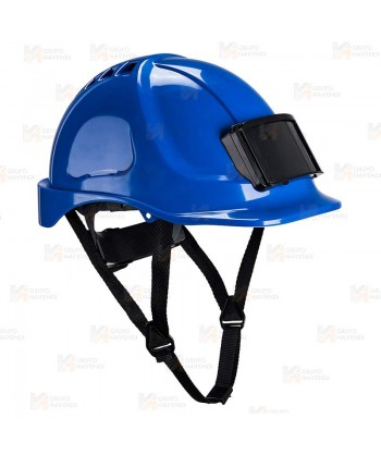 Casco de protección con identificador y barbuquejo de 4 puntos color azul