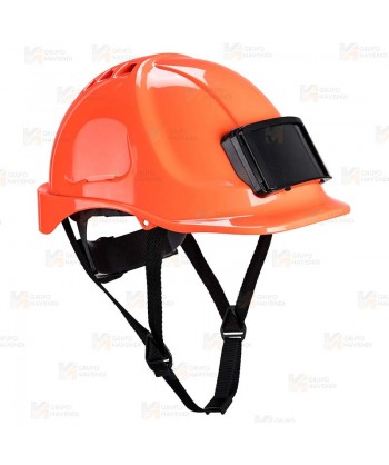 Casco de protección con identificador y barbuquejo de 4 puntos color naranja