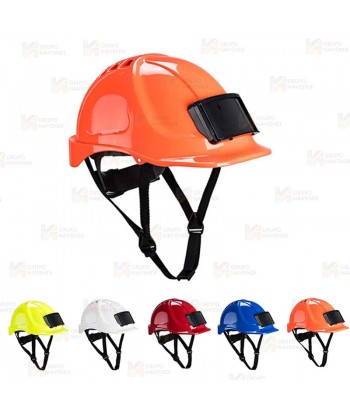 Casco de protección con identificador y barbuquejo de 4 puntos
