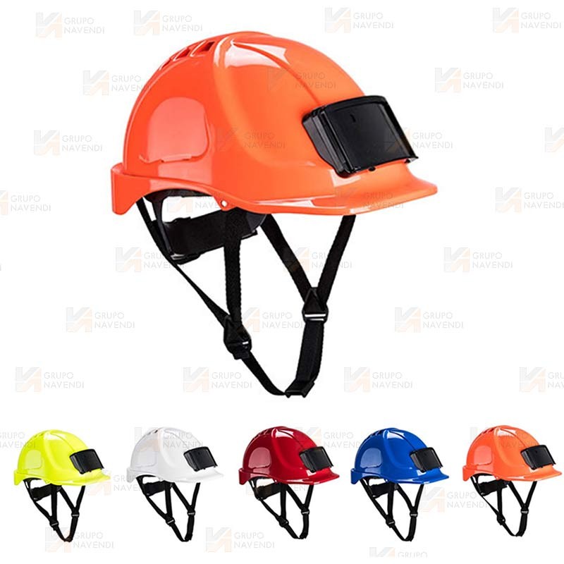 Casco de protección con identificador y barbuquejo de 4 puntos