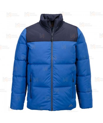 Parka acolchada, impermeable y transpirable con capucha color azulina y marino oscuro