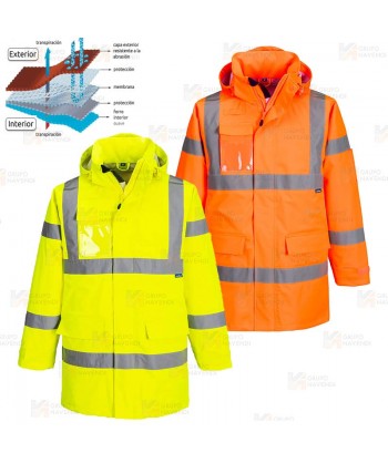 Parka con membrana PU impermeable monocolor alta visibilidad color naranja flúor