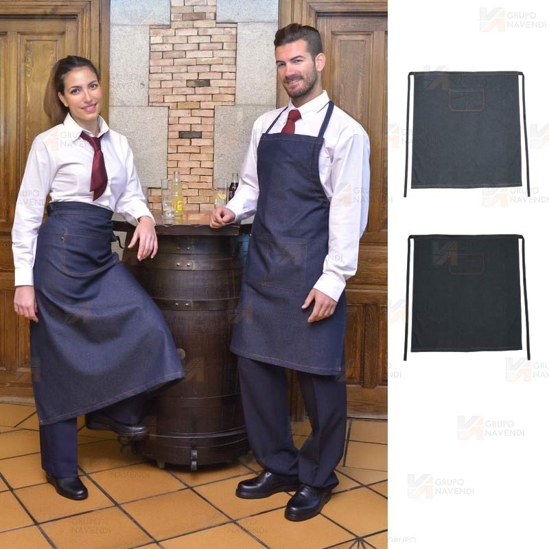 Delantal francés en tejido vaquero para hostelería y cocina de 90 x 100 cm. color azul marino y negro