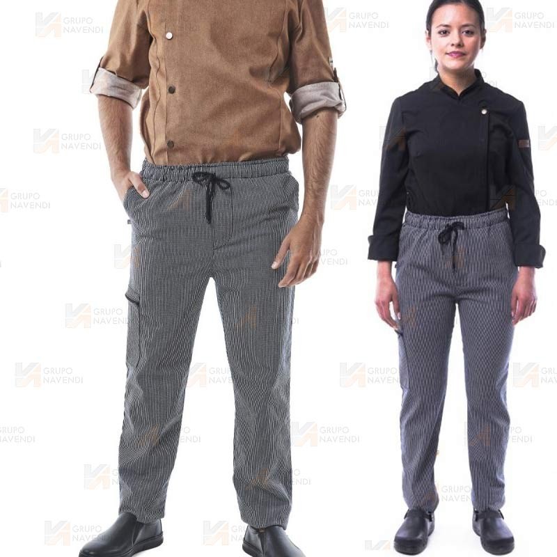 Pantalón elástico a rayas para hostelería con bolsillos y cordón -Unisex-