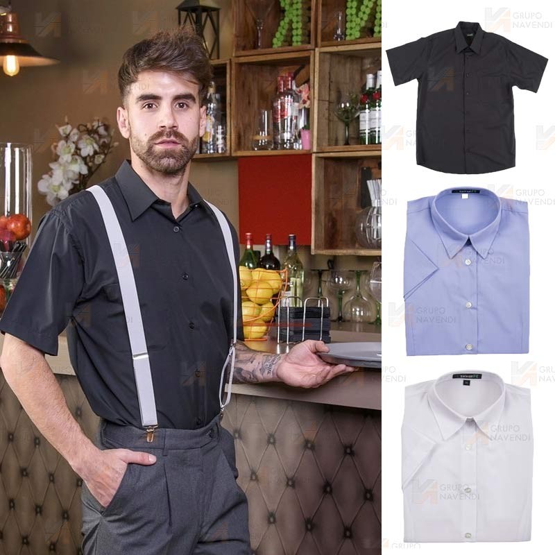 Camisa de vestir de hombre de manga corta con bolsillo en pecho color negro