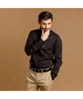Camisa ajustada en tejido elástico y manga larga cuello mao -Hombre- color negro
