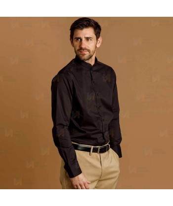 Camisa ajustada en tejido elástico y manga larga cuello mao -Hombre- color negro