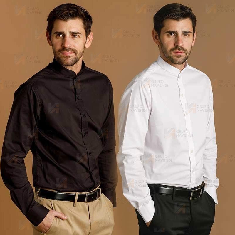 Camisa ajustada en tejido elástico y manga larga cuello mao -Hombre- color negro