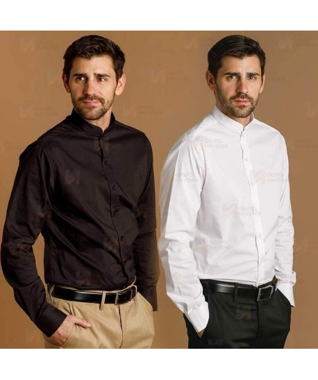 Camisa ajustada en tejido elástico y manga larga cuello mao -Hombre- color negro