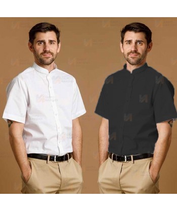 Camisa ajustada en tejido elástico y manga corta cuello mao color blanvo