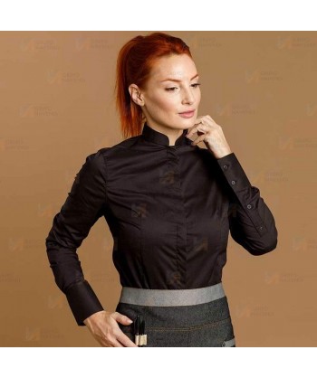 Camisa entallada y elástica de manga larga y con cuello mao -Mujer- color negro
