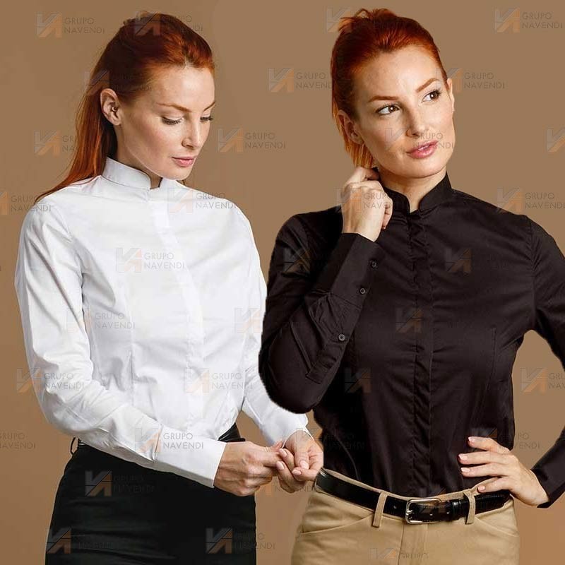 Camisa entallada y elástica de manga larga y con cuello mao -Mujer- color blanco