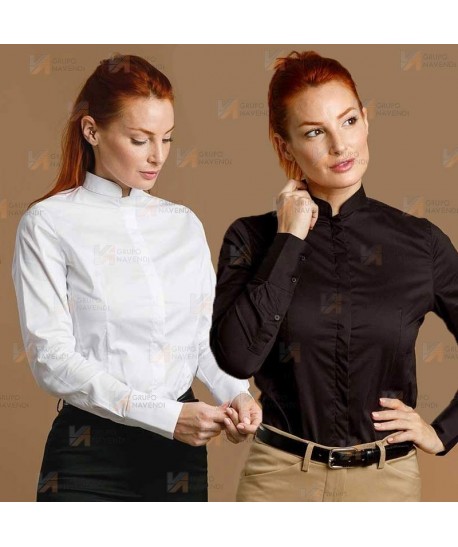 Camisa entallada y elástica de manga larga y con cuello mao -Mujer- color blanco