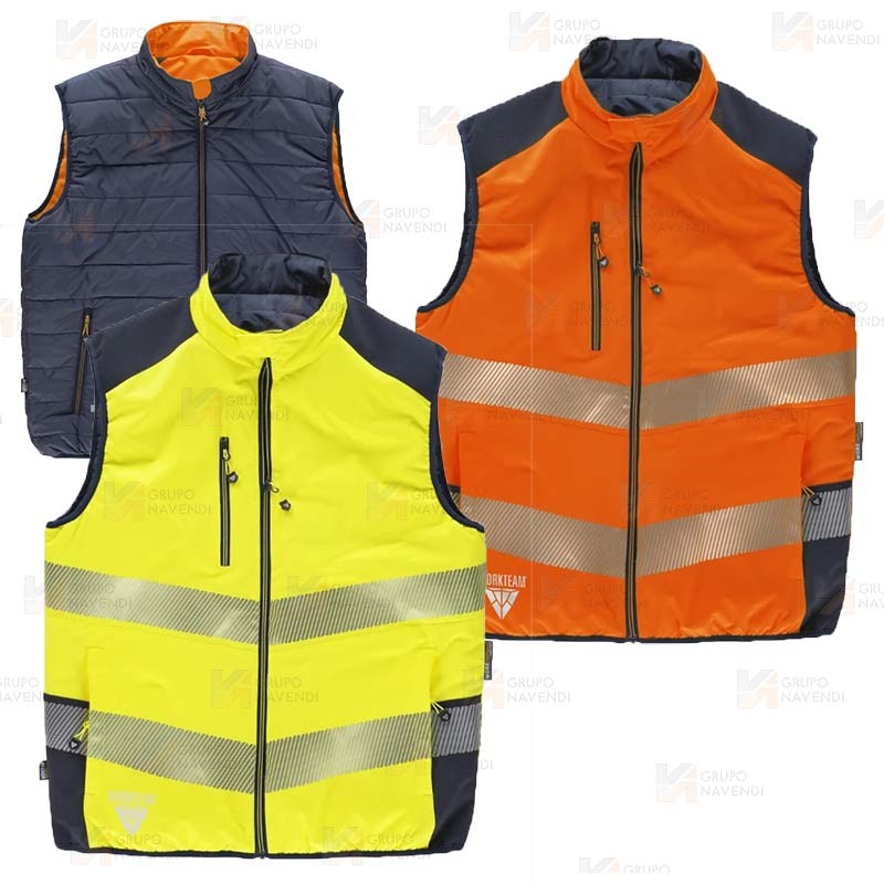 Chaleco acolchado reversible bicolor alta visibilidad con cinta segmentada