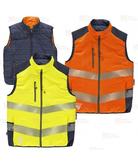 Chaleco acolchado reversible bicolor alta visibilidad con cinta segmentada