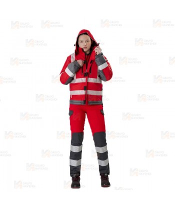 Parka de color rojo y gris acolchada e impermeable con cintas segmentadas