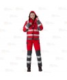 Parka de color rojo y gris acolchada e impermeable con cintas segmentadas
