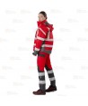 Parka de color rojo y gris acolchada e impermeable con cintas segmentadas