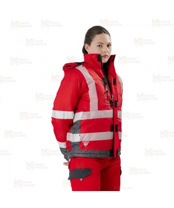 Parka de color rojo y gris acolchada e impermeable con cintas segmentadas