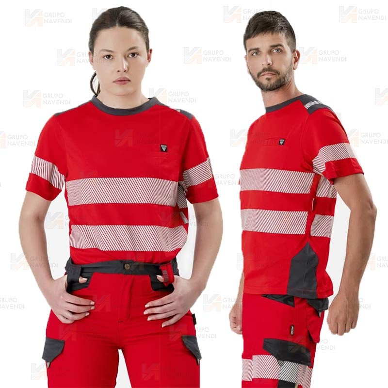 Camiseta transpirable de manga corta color  rojo y gris con cintas reflectantes segmentadas