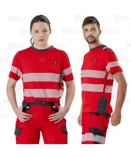 Camiseta transpirable de manga corta color  rojo y gris con cintas reflectantes segmentadas