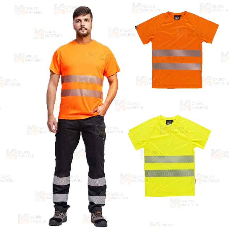 Camiseta alta visibilidad color naranja flúor clase 2 de manga corta con cintas segmentadas