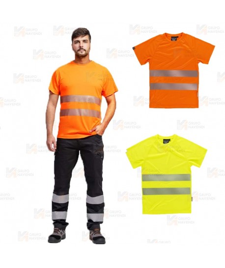 Camiseta alta visibilidad color naranja flúor clase 2 de manga corta con cintas segmentadas
