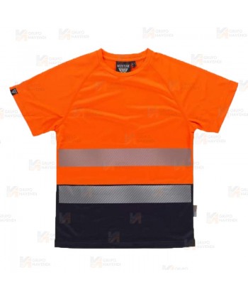 Camiseta bicolor de alta visibilidad clase 2 de manga corta color naranja flúor con cintas segmentadas