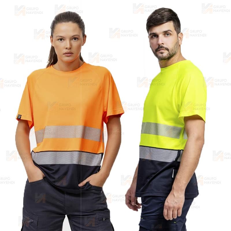 Camiseta bicolor de alta visibilidad clase 2 de manga corta color amarillo flúor con cintas segmentadas
