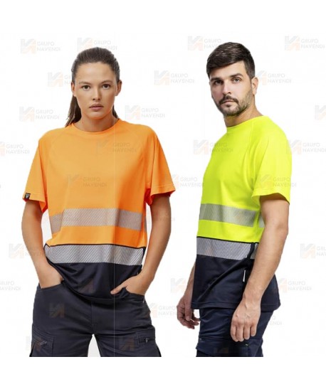 Camiseta bicolor de alta visibilidad clase 2 de manga corta color amarillo flúor con cintas segmentadas