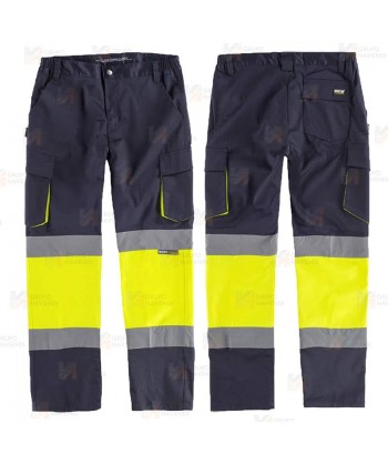 Pantalón Alta visibilidad multibolsillos con tejido elástico color azul marino y amarillo flúor