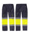 Pantalón Alta visibilidad multibolsillos con tejido elástico color azul marino y amarillo flúor