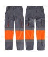 Pantalón Alta visibilidad multibolsillos con tejido elástico color gris y naranja flúor