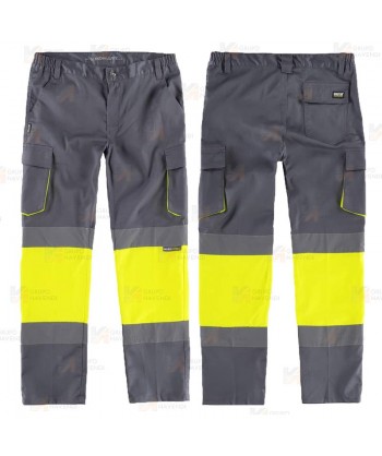 Pantalón Alta visibilidad multibolsillos con tejido elástico color gris y amarillo flúor