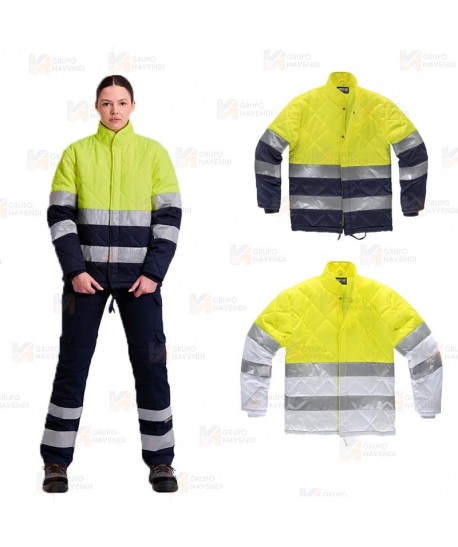 Parka bicolor acolchado de alta visibilidad para industria alimentaria