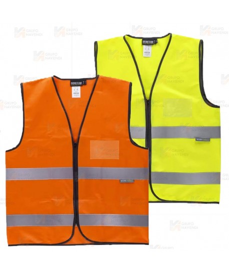 Chaleco económico de alta visibilidad con cremallera y bolsillo de identificación color naranja flúor